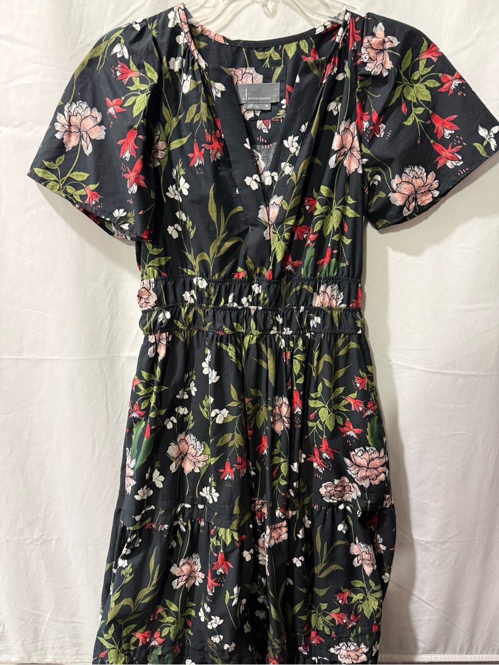 Anthropologie Black Floral Maxi Dress with Pink & Red Blooms